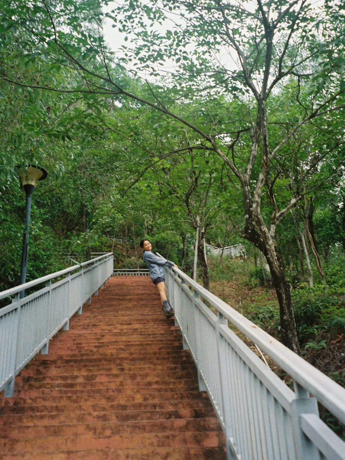 Film-style photo of me smiling and leaning against the railing of a long outdoor staircase surrounded by lush green trees.