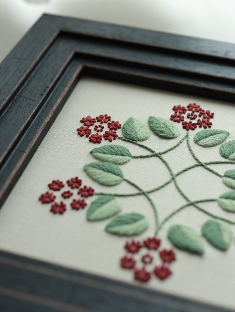 img 1766Close-up of a framed botanical embroidery showing the texture of the satin stitch leaves and red floral clusters. The black frame corner is visible.