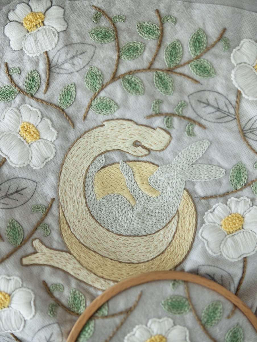  Work-in-progress shot of 'The Year of Snake' embroidery, with a hoop showing a detailed white flower and a pair of black embroidery scissors resting on the fabric.