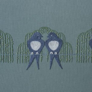 The complete 'Waiting for Spring' embroidery by lissyluo, featuring four stylized blue-gray birds perched on a line beneath weeping willow branches on sage green fabric.