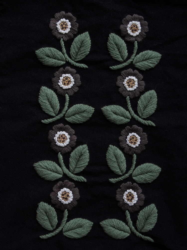 A symmetrical, repeating pattern of hand-embroidered Primula flowers with grey petals and sage green leaves on black fabric.