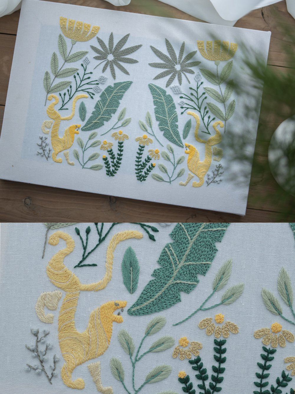 Composite image showing the full "Rousseau's Jungle" embroidery on a wooden surface, with a detailed close-up of the yellow monkey below.