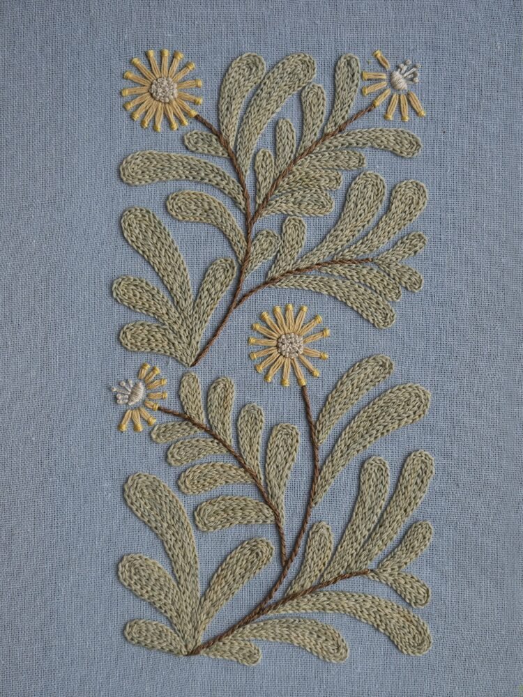 Botanical Observation No. 1 A finished hand embroidery piece by lissyluo featuring a symmetrical botanical pattern with sage green leaves and yellow flowers on a dusty blue background.