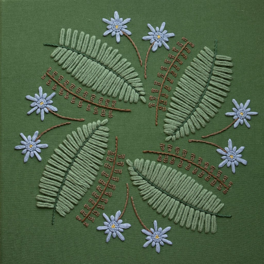 "Alternation" hand embroidery art featuring a circular design of green fern leaves and blue wildflowers on dark green fabric, symbolizing the cycle of life.