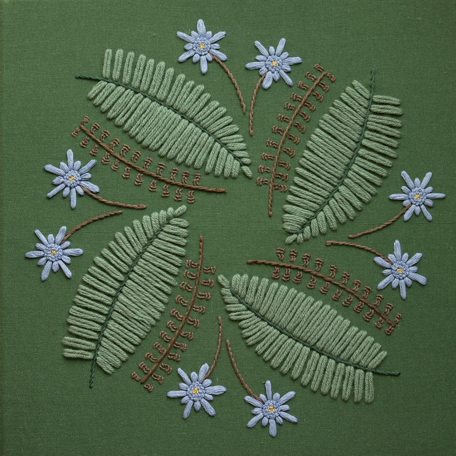 Alternation "Alternation" hand embroidery art featuring a circular design of green fern leaves and blue wildflowers on dark green fabric, symbolizing the cycle of life.