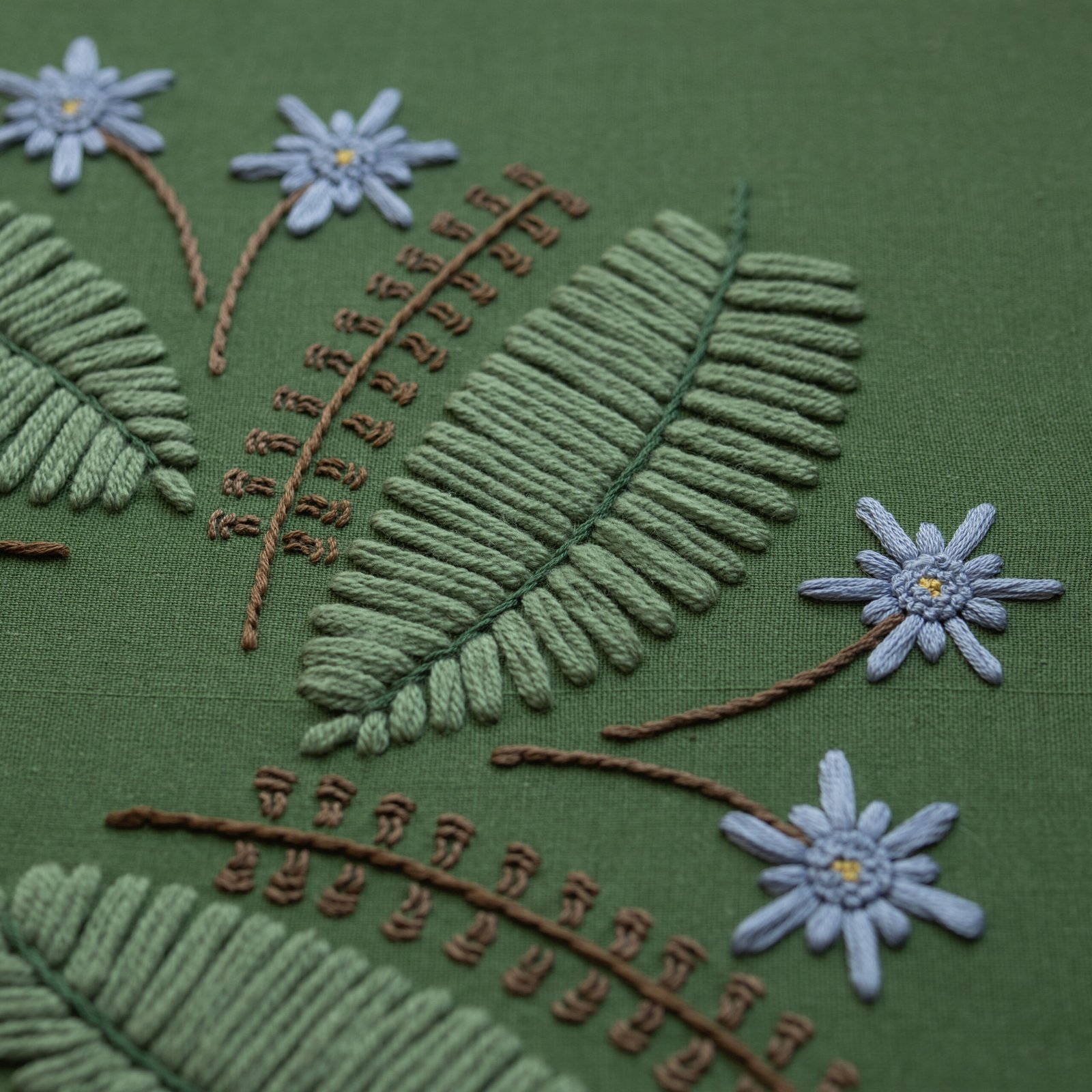 Detailed macro shot of botanical hand embroidery. Raised satin stitch fern leaves and French knot blue flowers create a 3D texture on the olive green canvas.