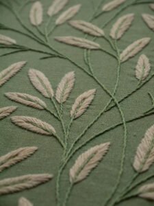 Detailed angled view of botanical hand embroidery, showing the texture of cream-colored leaf stitches on sage green fabric.