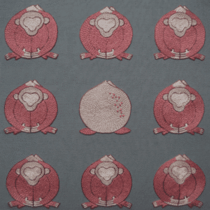 Hand-embroidered artwork titled Embracing Loneliness, featuring nine peach-shaped monkeys in pink on grey linen. The central figure is a different color and faces away, symbolizing individuality.