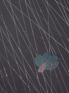 Detail of 'Shelter from the Rain' embroidery, showing the small blue tree against the texture of the pink, slanting rain stitches.