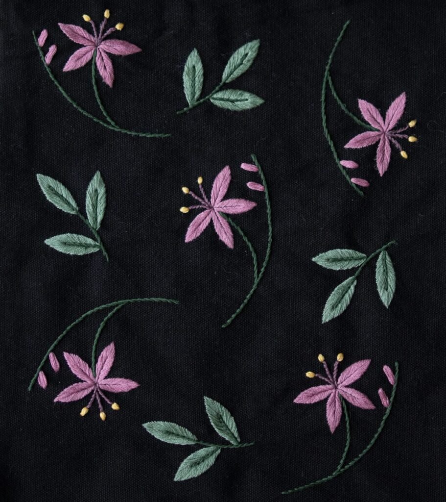Flat view of the scattered floral embroidery pattern by lissyluo, featuring delicate pink flowers and light green leaves on a black background.