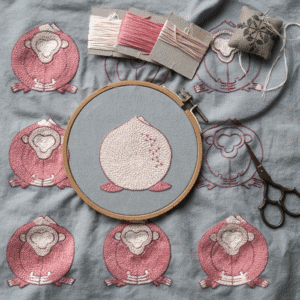 Work in progress of the 'Embracing Loneliness' hand embroidery art. The central peach figure is in a hoop, surrounded by finished monkey figures, thread spools, and scissors on grey linen.