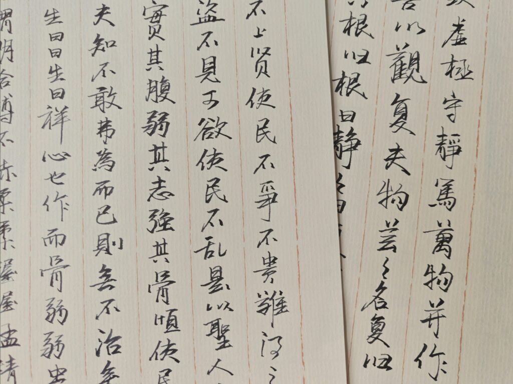 Unlock Creativity: 10 Tips for Stuck creator A close-up of my Chinese calligraphy practice, with elegant black characters brushed onto vertically lined paper.